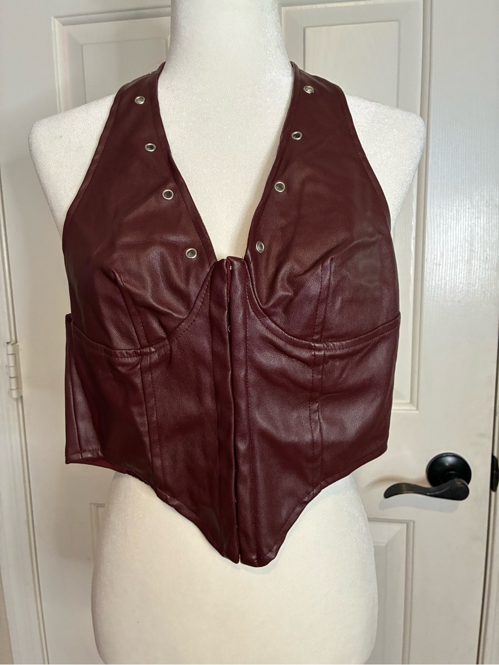 Japna Burgundy Faux Leather Halter Corset Camisole with Snap Accents